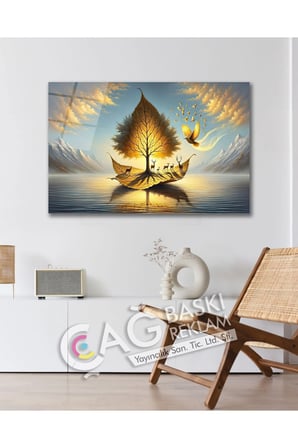 Göz Alıcı Yaprak Ağaç Doğa Manzara Estetik Cam Tablo Modern Ev Ofis Salon Oda Dekoru Hediyelik