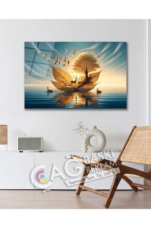 Göz Alıcı Yaprak Ağaç Doğa Deniz Estetik Cam Tablo Modern Ev Ofis Salon Oda Dekoru Hediyelik