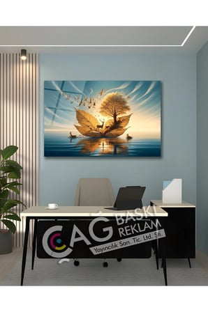 Göz Alıcı Yaprak Ağaç Doğa Deniz Estetik Cam Tablo Modern Ev Ofis Salon Oda Dekoru Hediyelik