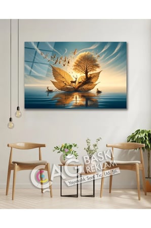 Göz Alıcı Yaprak Ağaç Doğa Deniz Estetik Cam Tablo Modern Ev Ofis Salon Oda Dekoru Hediyelik
