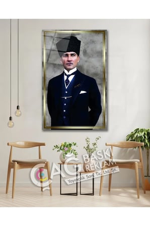 Atatürk Gazi Mustafa Kemal Şık Zarif Cam Tablo Modern Ev Ofis Salon Duvar Oda Dekoru Hediyelik