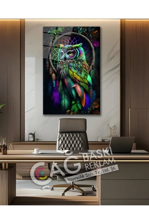 Baykuş Bilge Göz Alıcı Estetik Şık Cam Tablo Modern Ev Ofis Salon Duvar Oda Dekoru Hediyelik