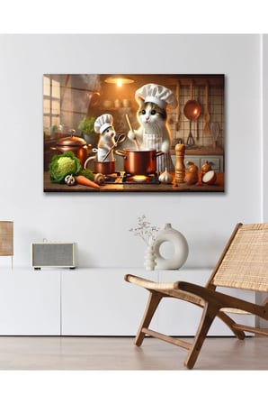 Kedi Fare Ocak Arkası Şef Aşçı Mutfak Cam Tablo Modern Ev Ofis Salon Oda Dekor Hediyelik
