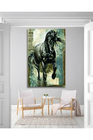 At Siyah Pastel Mat Yağlıboya Cam Tablo Modern Ev Ofis Salon Duvar Oda Dekoru Hediyelik