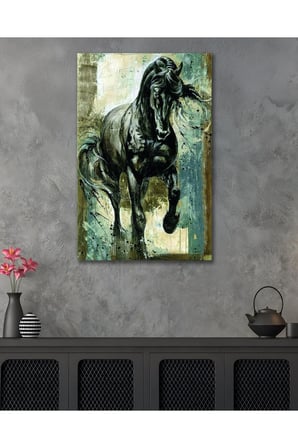 At Siyah Pastel Mat Yağlıboya Cam Tablo Modern Ev Ofis Salon Duvar Oda Dekoru Hediyelik