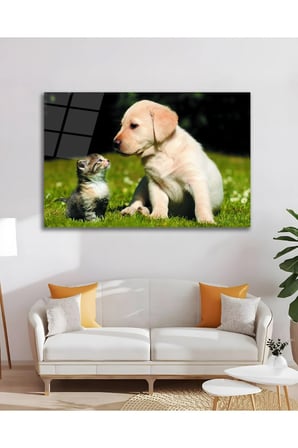 Kedi Köpek Dostluğu Sevimli Cam Tablo Modern Ev Ofis Salon Duvar Oda Dekoru Hediyelik