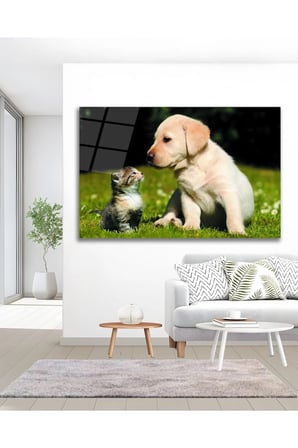 Kedi Köpek Dostluğu Sevimli Cam Tablo Modern Ev Ofis Salon Duvar Oda Dekoru Hediyelik