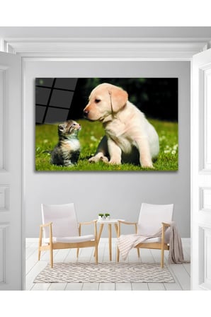 Kedi Köpek Dostluğu Sevimli Cam Tablo Modern Ev Ofis Salon Duvar Oda Dekoru Hediyelik