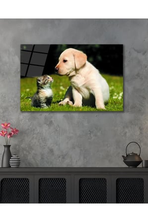 Kedi Köpek Dostluğu Sevimli Cam Tablo Modern Ev Ofis Salon Duvar Oda Dekoru Hediyelik