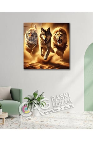 Aslan Kurt Kaplan Avcılar Cam Tablo Modern Ev Ofis Oda Salon Duvar Dekoru Hediyelik