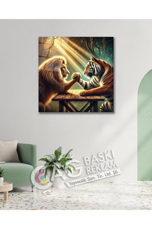 Aslan Kaplan Bilek Güreşi Düello Cam Tablo Modern Ev Ofis Oda Salon Duvar Dekoru Hediyelik