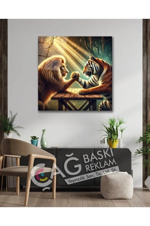 Aslan Kaplan Bilek Güreşi Düello Cam Tablo Modern Ev Ofis Oda Salon Duvar Dekoru Hediyelik