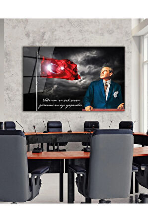 Türk Bayrağı ve Atatürk Cam Tablo Vatanını En Çok Seven Modern Ev Ofis Salon Kurum Hediyelik Tablo