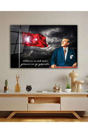 Türk Bayrağı ve Atatürk Cam Tablo Vatanını En Çok Seven Modern Ev Ofis Salon Kurum Hediyelik Tablo