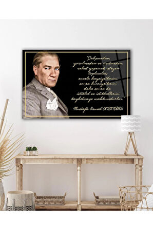 Atatürk Cam Tablo "Çalışmadan, yorulmadan ve üretmeden" Modern Ev Ofis Salon Kurum Hediyelik Tablo