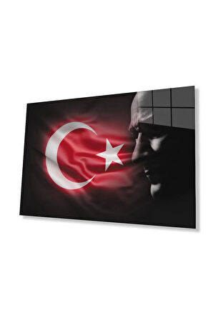 Atatürk Bayrak Atatürk Silüetli Gölgesiz Siyah Fonlu Cam Tablo 4mm Dayanıklı Temperli Cam Atatürk