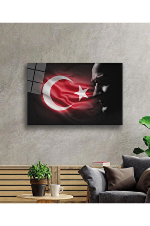 Atatürk Bayrak Atatürk Silüetli Gölgesiz Siyah Fonlu Cam Tablo 4mm Dayanıklı Temperli Cam Atatürk