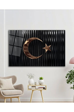 Türk Bayrağı Cam Tablo Bakır Renk Modern Ev Ofis Salon Kurum Hediyelik Tablo
