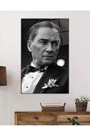 Atatürk Portre Dikey Cam Tablo Hediyelik Büyük Tablo Ev Ofis Dekoru