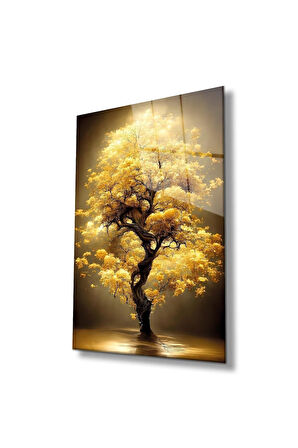 Sarı Yapraklı Ağaç Cam Tablo Modern Ev Ofis Salon Hediyelik Büyük Tablo Duvar Dekoru