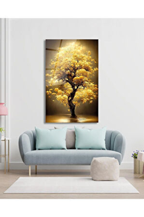 Sarı Yapraklı Ağaç Cam Tablo Modern Ev Ofis Salon Hediyelik Büyük Tablo Duvar Dekoru