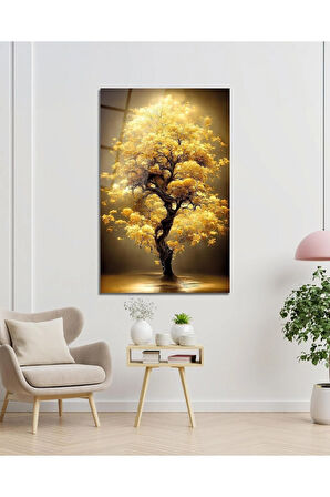 Sarı Yapraklı Ağaç Cam Tablo Modern Ev Ofis Salon Hediyelik Büyük Tablo Duvar Dekoru