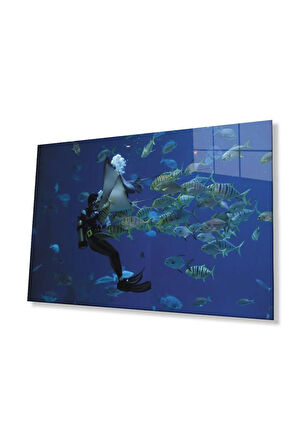 Dalgıç Balık Sualtı Cam Tablo 4mm Dayanıklı Temperli Cam Diver Fish Underwater Glass Wall Art