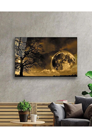 Dünya Ay Ağaç Gece Manzaralı Fütüristik Cam Tablo 4mm Dayanıklı Temperli Cam Earth Moon Tree Night
