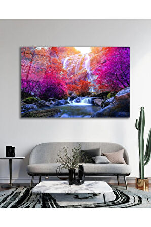 Şelale Ağaçlar Manzara Cam Tablo Modern Ev Ofis Salon Hediyelik Büyük Tablo Duvar Dekoru