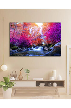Şelale Ağaçlar Manzara Cam Tablo Modern Ev Ofis Salon Hediyelik Büyük Tablo Duvar Dekoru
