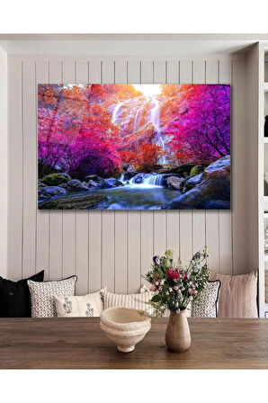 Şelale Ağaçlar Manzara Cam Tablo Modern Ev Ofis Salon Hediyelik Büyük Tablo Duvar Dekoru