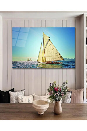 Tekne Deniz Manzara Cam Tablo Modern Ev Ofis Salon Hediyelik Büyük Tablo Duvar Dekoru