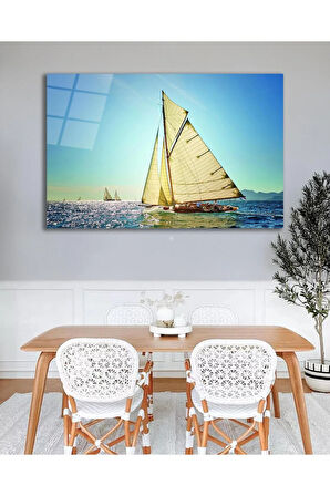 Tekne Deniz Manzara Cam Tablo Modern Ev Ofis Salon Hediyelik Büyük Tablo Duvar Dekoru