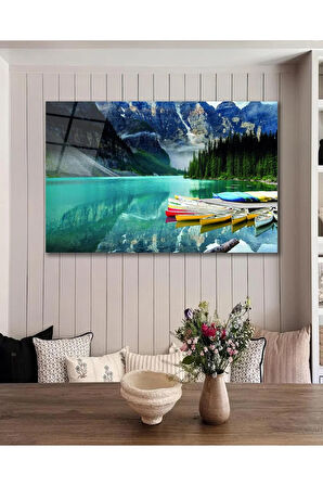 Dağ Göl Manzara Cam Tablo, Ev Ofis Salon Hediyelik Duvar Dekoru
