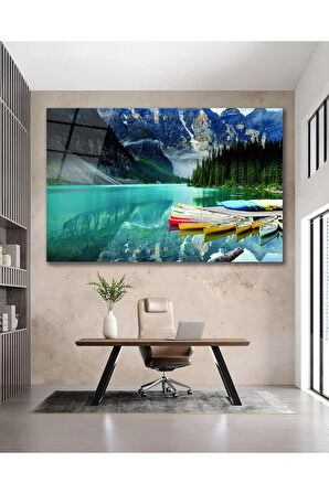 Dağ Göl Manzara Cam Tablo, Ev Ofis Salon Hediyelik Duvar Dekoru