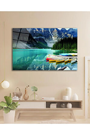 Dağ Göl Manzara Cam Tablo, Ev Ofis Salon Hediyelik Duvar Dekoru