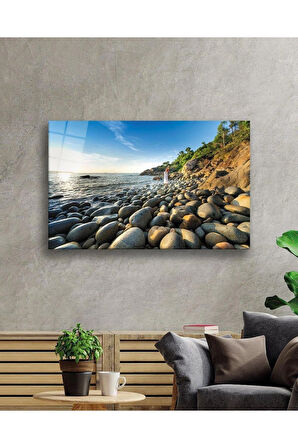 Deniz Kenarı Taşlar Kadın Yaz Cam Tablo 4mm Dayanıklı Temperli Cam Seaside Stones Women Summer Glas