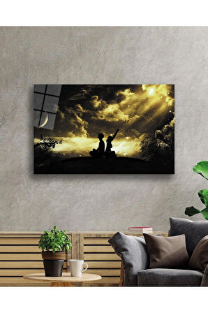 Yıldızlı Gecede İnsan Manzarası Cam Tablo 4mm Dayanıklı Temperli Cam Human Landscape In The Starry