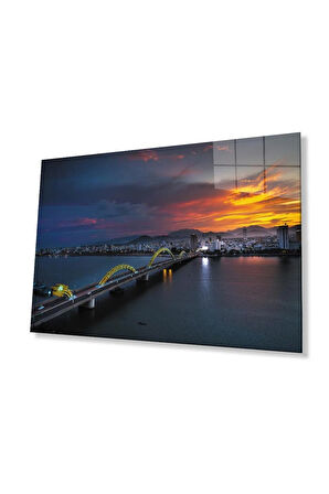 Gün Batımı Şehir Köprü Manzara Cam Tablo 4mm Dayanıklı Temperli Cam Sunset City Bridge Landscape Gl