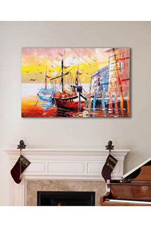 Soyut Manzara Deniz ve Gemi Cam Tablo , Ev Ofis Salon Hediyelik Duvar Dekoru