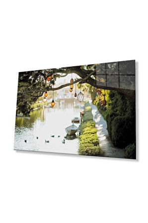 Ağaç Irmak Manzara Cam Tablo 4mm Dayanıklı Temperli Cam Tree River Landscape Glass Wall Art