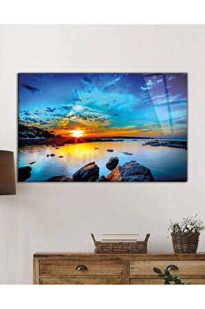 Kaya Deniz Manzara Cam Tablo 4mm Dayanıklı Temperli Cam Mountain Reflection Landscape Glass Table 4