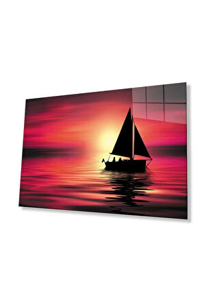 Denizde Gün Batımı Cam Tablo 4mm Dayanıklı Temperli Cam Sunset at Sea Glass Wall Art