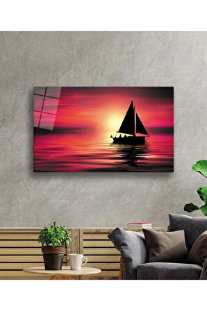 Denizde Gün Batımı Cam Tablo 4mm Dayanıklı Temperli Cam Sunset at Sea Glass Wall Art