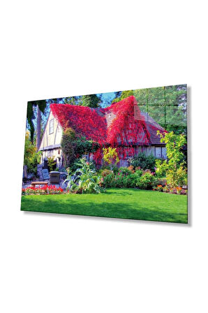 Mor Çiçekli Ev Cam Tablo 4mm Dayanıklı Temperli Cam, Purple Flowers House Glass Wall Decor