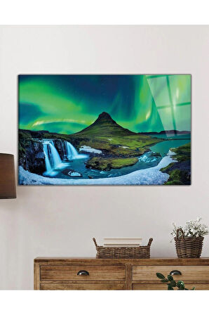 Kuzey Işıkları Cam Tablo Hediyelik Büyük Tablo Ev Ofis Dekoru