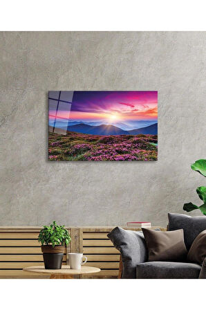 Dağ Manzara Pembe Cam Tablo 4mm Dayanıklı Temperli Cam Mountain Landscape Green Glass Wall Art