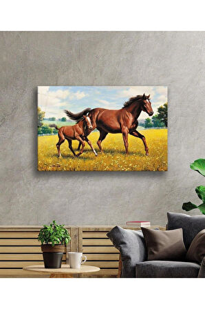 Beyaz Atlar Hayvan Cam Tablo 4mm Dayanıklı Temperli Cam