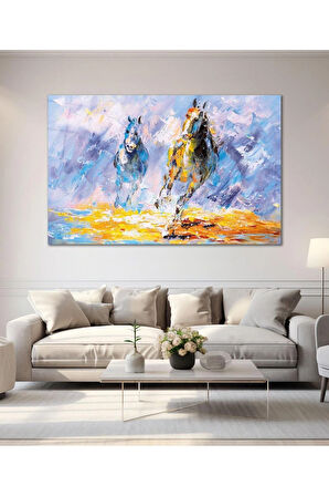 Koşan Atlar Cam Tablo Hediyelik Büyük Tablo Ev Ofis Dekoru