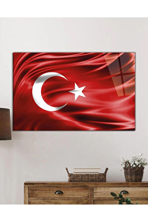 Kırmızı Dalgalı Türk Bayrağı Cam Tablo Red Wavy Turkish Flag Glass Painting